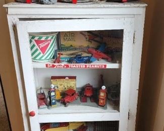 Antique Toms snack cabinet with glass Tom's containers with glass Tom's containers 