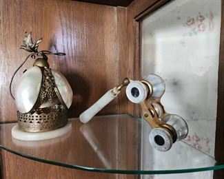 Mother of Pearl opera glasses and Victorian Mother of Pearl servants bell