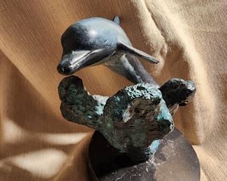 Bronze Dolphin in Wave on marble base By Catherine Ward Lane 13/95                4 and half inches