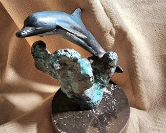 Bronze Dolphin in Wave on marble base By Catherine Ward Lane 13/95                4 and half inches