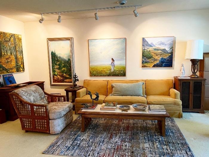 marble top coffee table 1960's, rattan chair, MCM sofa