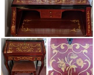 Vintage Faux Marquetry Writing Bureau And Bench