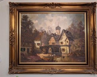 European Riverside Scene Original Oil Painting