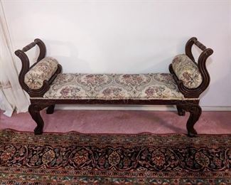 Vintage Roll Arm Upholstered Wooden Bench