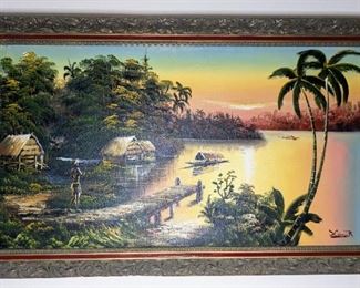 Large Vintage Tropical Scene Oil Painting