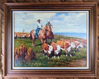 Very Large Vibrant Western Painting Signed Munoz