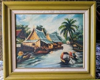 Asian Fishing Village Original Oil Painting