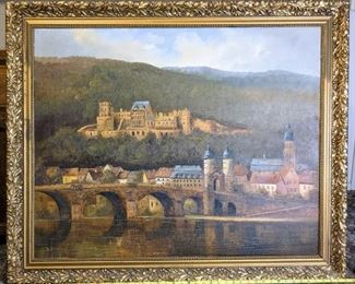 Large Oil Painting Castle And Village Scene