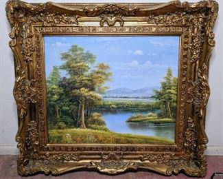 Peaceful Landscape Oil Painting in Ornate Frame