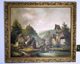 Very Large European Village Scene Oil Painting