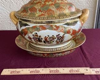 Antique Asian Hand Painted Porcelain Soup Tureen And Matching Underplate