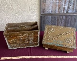 Vintage Brass And Wood Magazine Rack And Slipper Box
