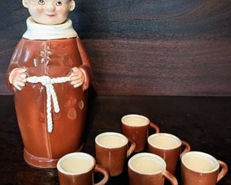 Vintage Porcelain Monk Decanter And Mug Shaped Shot Glasses