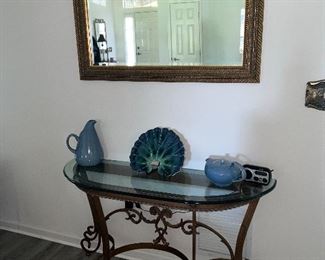 Iron Consol table $125, Newman blue cabbage looking plate $48, picture $40