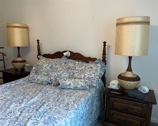 Full size bed $100
 pair of nightstands $95 for the set 
pair of mid century modern lamps $125 for the set