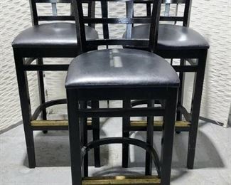 Set of 3 Black Wood Frame Bar Stools with Upholstered Seats