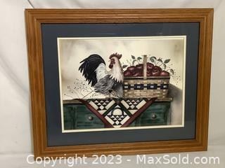 wframed print rooster and apples on a sideboard2361 t