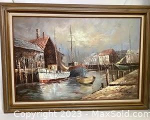 woriginal painting boats docked in harbor2341 t