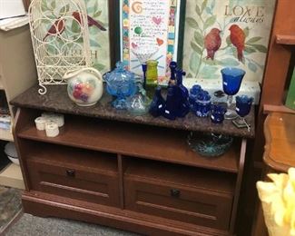 nice TV stand w/marble look top.  Pictures, blue glassware