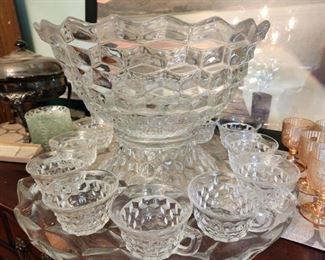 Fostoria American Punch Bowl and Pedestal, Cups and Serving Plate