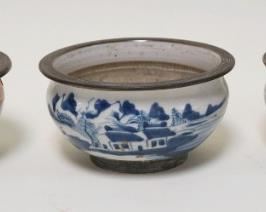 1022	3 ASIAN BLUE & WHITE POTTERY BOWLS, APPROXIMATELY 6 IN X 3 IN HIGH
