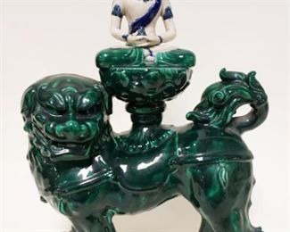 1036	LARGE ASIAN POTTERY FIGURE OF FOO DOG W/PRIEST SITTING AT TOP, APPROXIMATELY 15 1/4 IN HIGH
