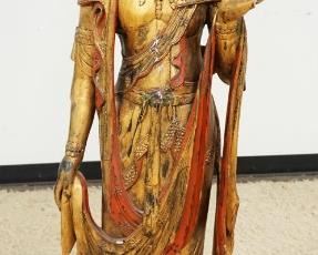 1055	LIFE SIZE CARVED ASIAN STATUE, APPROXIMATELY 59 IN HIGH, SOME PAINT & GILT LOSS & ONE MISSING FINGER
