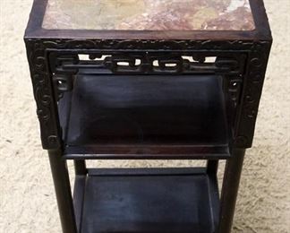 1056	BROWN MARBLE INSET ASIAN PIERCED CARVED STAND W/2 LOWER SHELES, APPROXIMATELY 17 IN X 13 IN X 32 IN HIGH
