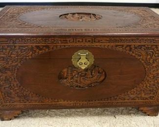 1073	ORNATE CARVED ASIAN CAMPHOR WOOD CHEST, DOVETAILED, APPROXIMATELY 41 IN X 21 IN X 24 IN HIGH
