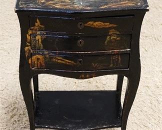 1078	BLACK LACQUERED PAINT DECORATED ALL ROUND 3 DRAWER STAND, APPROXIMATELY 17 IN X 12 IN X 29 IN
