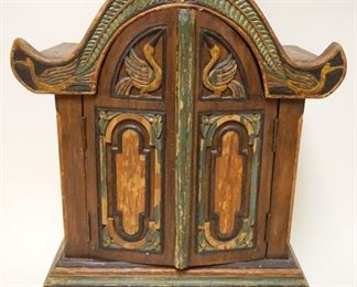 1105	ASIAN WOOD CARVED 2 DOOR MINIATURE CABINET, APPROXIMATELY 11 IN X 20 IN X 26 IN HIGH

