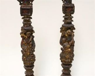 1106	LOT OF 2 PAINT DECORATED WOOD CARVED ASIAN COLUMNS, SOME LOSS, APPROXIMATELY 21 IN HIGH

