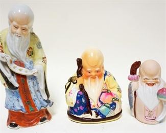 1111	3 PIECE GROUP OF POTTERY & CHINA ASIAN FIGURES, LARGEST APPROXIMATELY 10 1/2 IN HIGH
