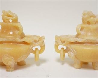 1112	2 CARVED SOAPSTONE COVERED VESSELS W/FOO DOGS, APPROXIMATELY 5 1/2 IN HIGH
