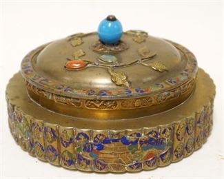 1119	CHINESE BRASS & ENAMELED COVERED DISH W/STONES, APPROXIMATELY 7 IN X 4 IN
