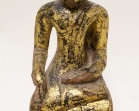 1127	WOOD CARVED POLYCHROME ASIAN FIGURE, APPROXIMATELY 10 1/2 IN
