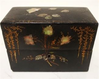 1131	BLACK LACQUERED BOX W/MOTHER OF PEARL CONTAIING 3 CUT BOTTLES, ONE BOTTLE LIP DAMAGED, APPROXIMATELY 3 IN X 6 1/2 IN X 5 IN HIGH
