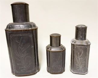 1158	SET OF 3 PEWTER TEA CADDIES, LARGEST APPROXIMATELY 15 IN HIGH
