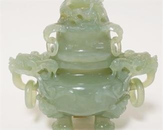 1173	CARVED ASIAN JADE COVERED POT, APPROXIMATELY 4 3/4 IN HIGH
