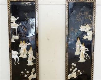 1195	PAIR OF BLACK LACQUERED ASIAN PANELS W/CARVED MOTHER OF PEARL APPLIED, EACH APPROXIMATELY 12 IN X 36 IN HIGH
