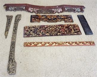 1193	GROUP OF ASSORTED ANTIQUE ASIAN WOOD CARVED BOARDS, LARGEST APROXIMATELY 84 IN X 12 I HIGH
