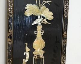1197	ASIAN BLACK LACQUERED PANEL IN FRAME W/CARVED MOTHER OF PEARL APPLIED, APPROXIMATELY 13 IN X 36 IN HIGH

