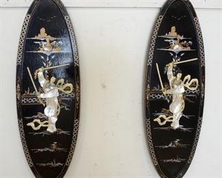 1196	PAIR OF BLACK LACQUERED ASIAN OVAL PANELS W/CARVED MOTHER OF PEARL APPLIED, EACH APPROXIMATELY 12 IN X 36 IN HIGH
