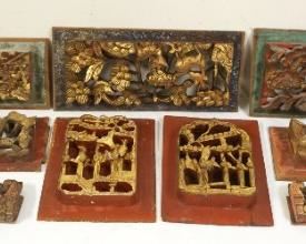 1212	9 ASSORTED ASIAN WOOD GILT CARVINGS, LARGEST APPROXIMATELY 15 IN X 7 1/4 IN
