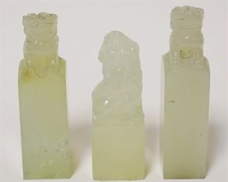 1239	3 CARVED JADE STAMPS, 2 BLANKS & ONE W/STAMP ON BASE, TALLEST APPROXIMATELY 3 1/4 IN HIGH
