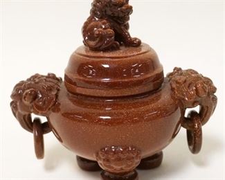 1252	BROWN STONE W/GOLD FLECK COVERED URN W/FOO DOG & ELEPHANT TRUNK HANDLES, APPROXIMATELY 5 1/2 IN HIGH
