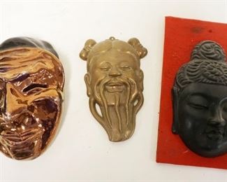 1274	LOT OF 3 POTTERY & METAL ASIAN MASKS, LARGEST APPROXIMATELY 8 IN HIGH
