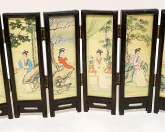 1277	MINIATURE ASIAN DOUBLE SIDED SCREEN W/HAND PAINTED SCENES ON CLOTH UNDER GLASS, APPROXIMATELY 6 1/4 IN HIGH X 13 IN EXTENDED
