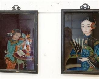 1284	2 ASIAN REVERSE PAINTINGS ON GLASS, APPROXIMATELY 16 IN X 21 1/2 IN OVERALL
