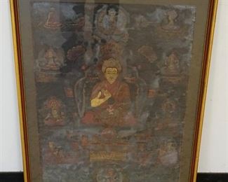1285	ANTIQUE ASIAN PAINTING ON CLOTH IN FRAME UNDER GLASS, APPROXIMATELY 22 IN X 32 IN OVERALL
